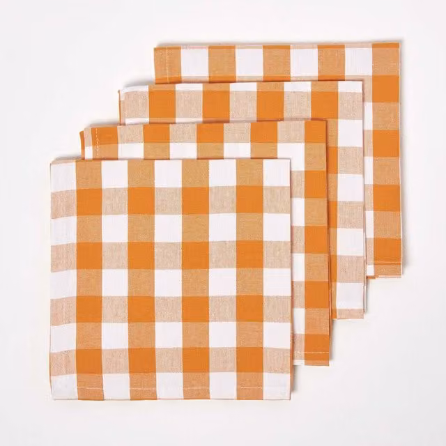 Homescapes Orange Checked Cotton Gingham Napkins, Set of 4