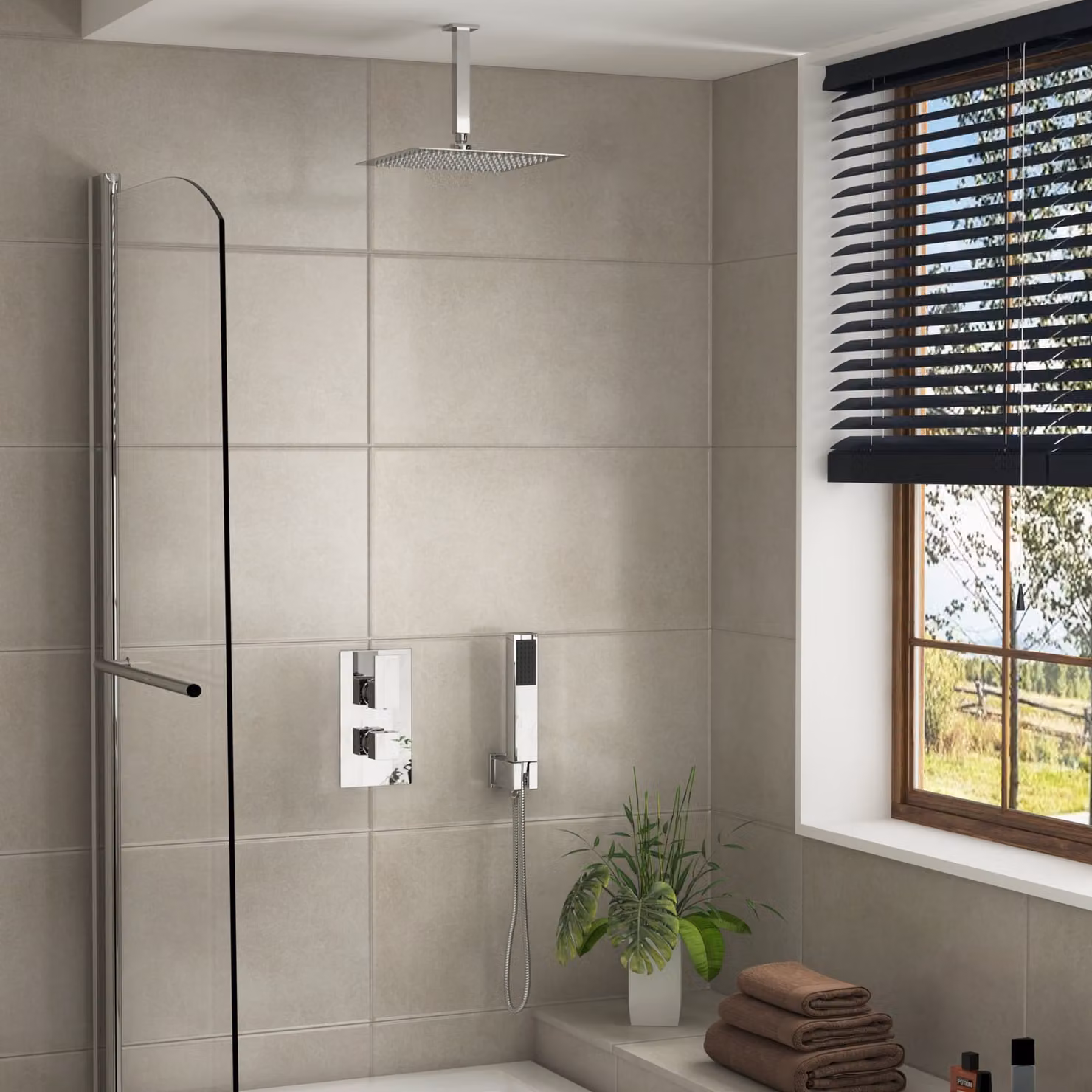 Royal Bathrooms Elegance Square Thermostatic Diverter Shower Mixer Set with Handset, Ceiling Arm and Shower Head in Chrome