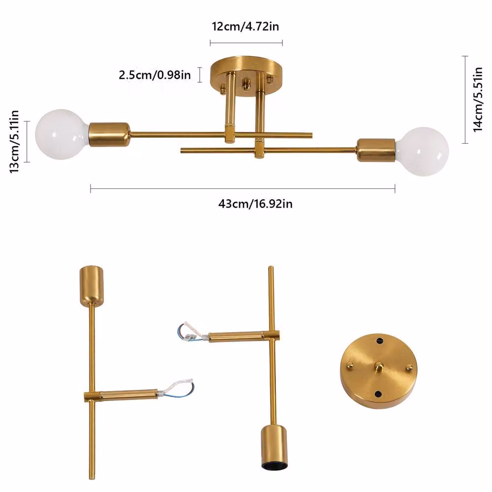Pheashine 2-Light Linear Semi Flush Ceiling Light in Gold and Copper Metal with E27 Base – 2