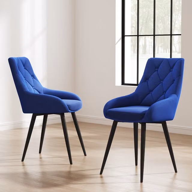 Livingandhome Set of 2 Blue Velvet Upholstered Buttoned Back Dining Chairs with Metal Legs