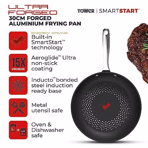 Tower T900302 SmartStart Ultra Forged 30cm Aluminium Non-Stick Frying Pan, Black, Induction Compatible and Oven Safe – 2