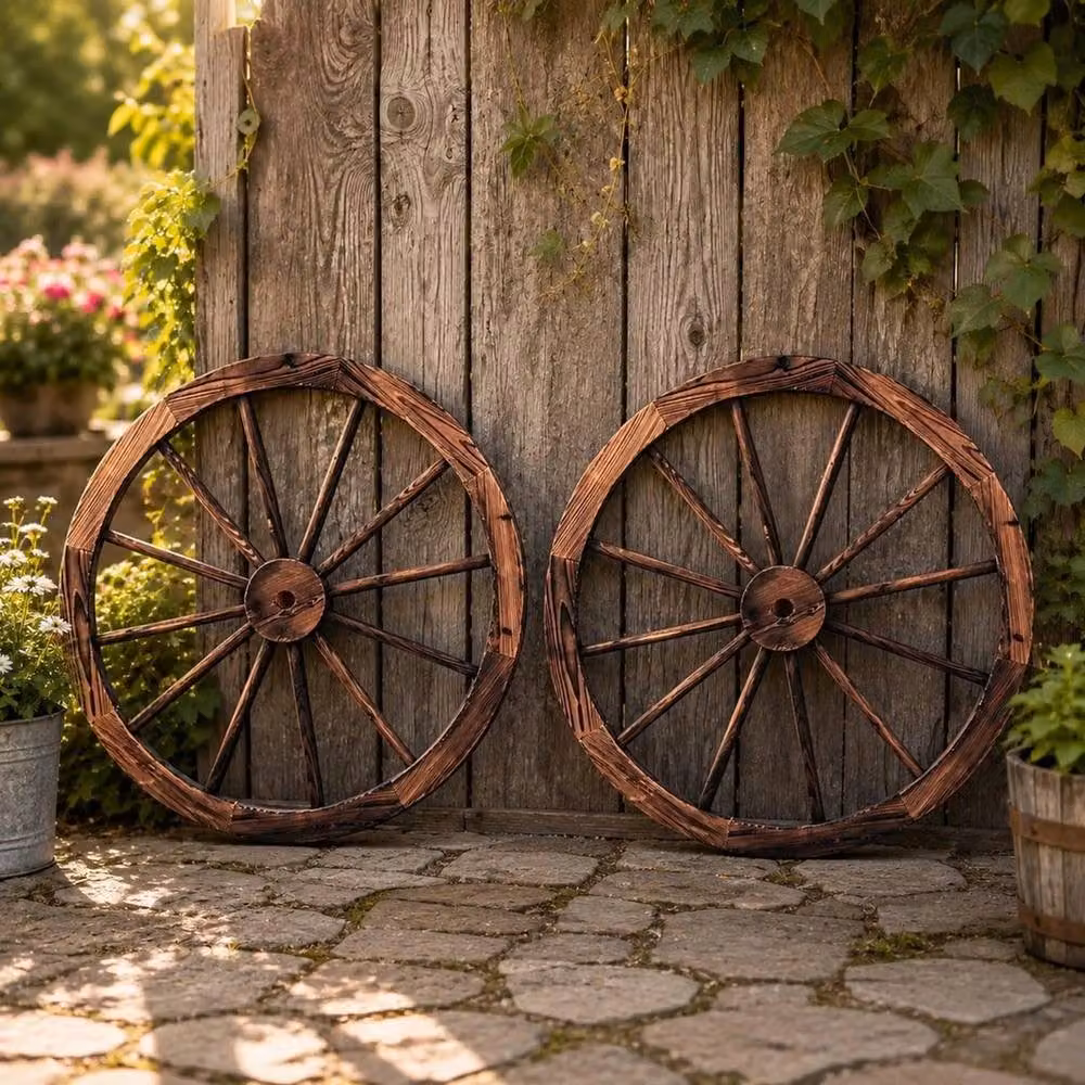 FLAVORA Set of 2 Rustic Wooden Wagon Wheel Wall Decor in Brown, Diameter: 76 cm – 3