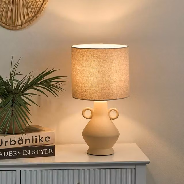 Wyld and Coco Beige Ceramic Table Lamp with Brass Details and Fabric Shade – 1