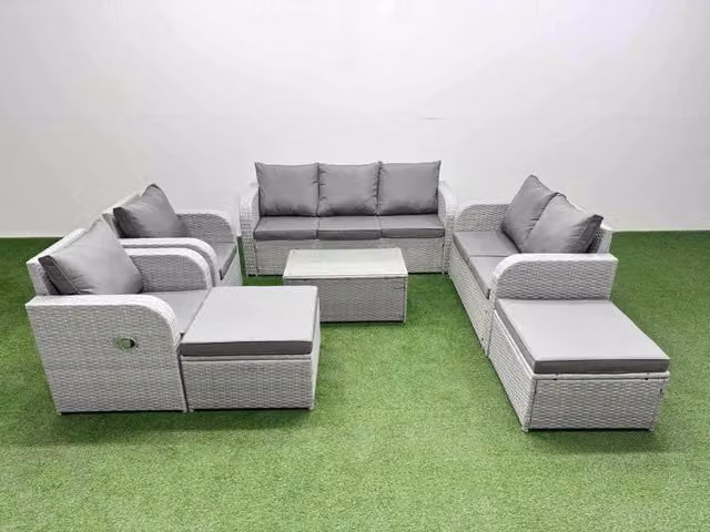 Fimous PE Rattan Garden Furniture Set in Light Grey with 2 Seater Sofa, Oblong Coffee Table and 2 Footstools