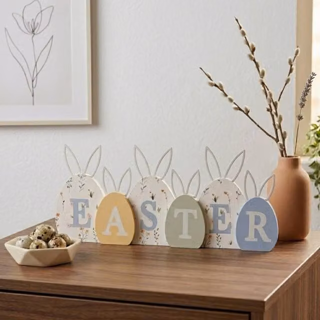 Garden Greatness Springtime Bunny Ears Easter Mantel Plaque, Multicolour and White, W/D/H: 30.0 x 14.0 x 14.0 cm