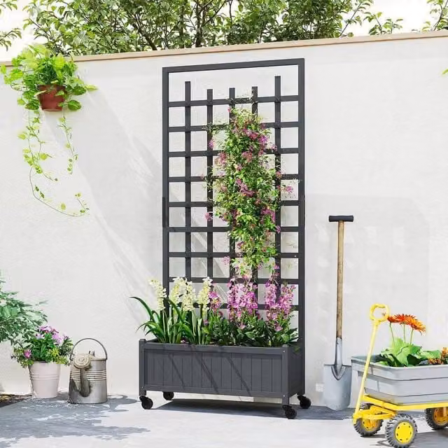 EONLION Grey Wooden Trellis Raised Bed Planter with Wheels