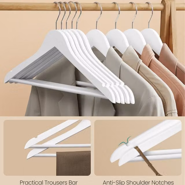 SONGMICS White Wooden Hangers with Swivel Hooks and Shoulder Notches