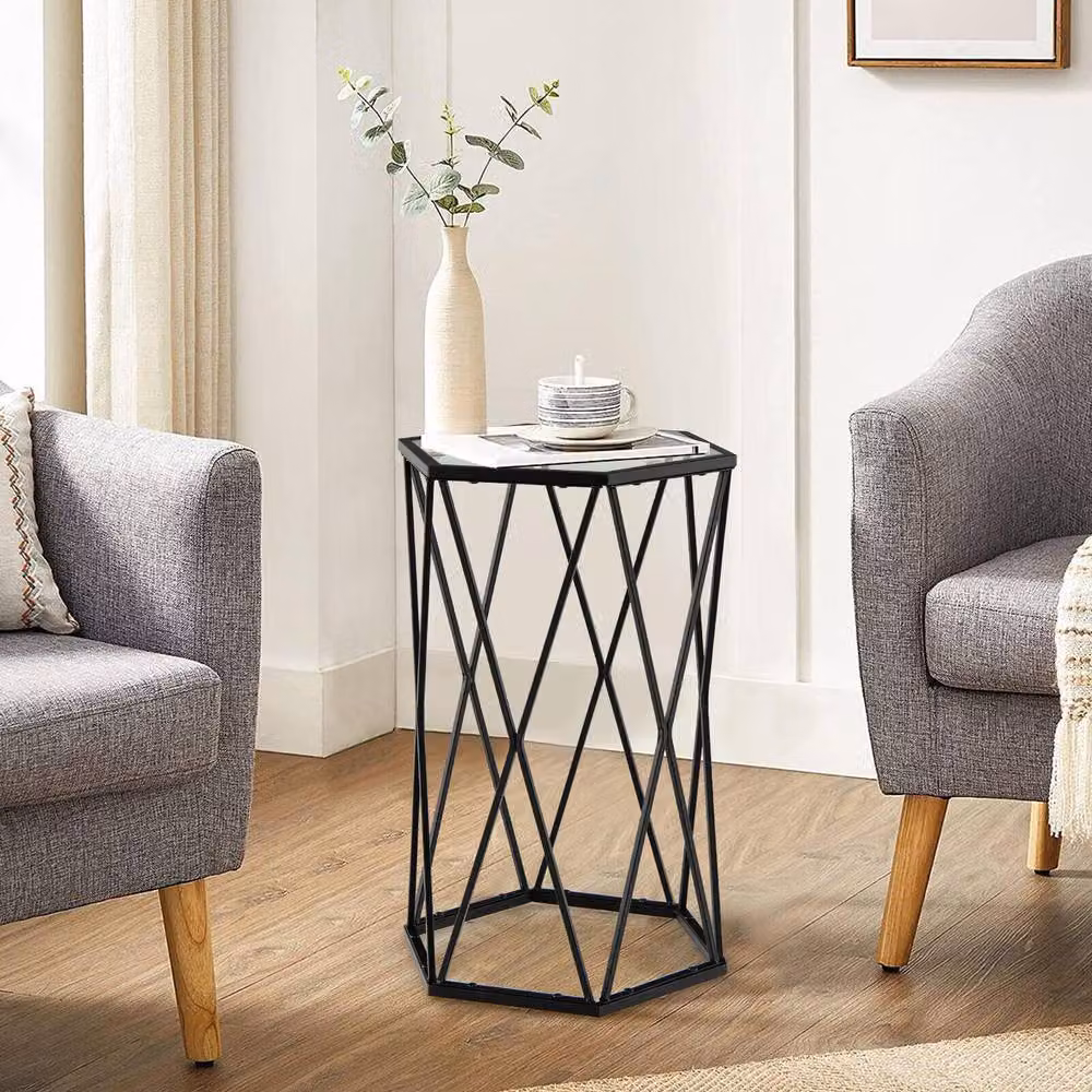Costway Modern Hexagonal Glass Coffee Table with Black Metal Frame – 3