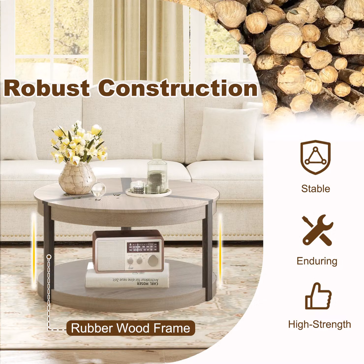 Gymax 2-Tier Round Rubber Wood Coffee Table with Shelf in Light Oak – 4