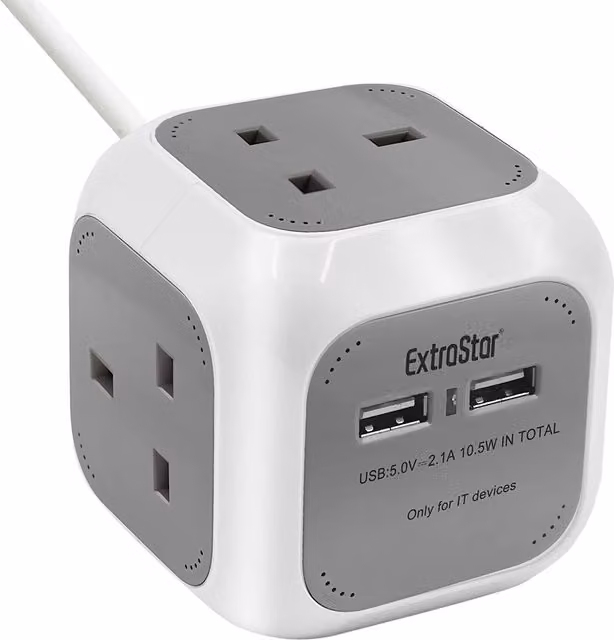 ExtraStar Power Cube 4-Way Socket with 2 x USB Ports, 1.5m Cable, Grey