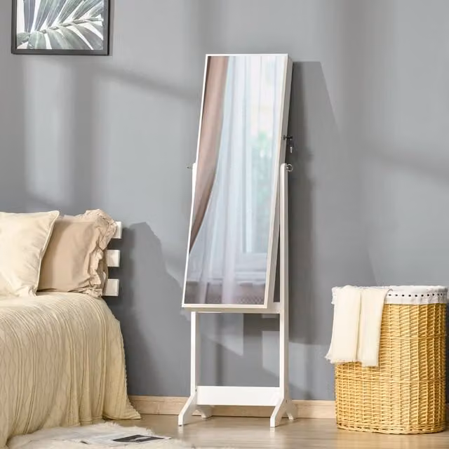 HOMCOM White Mirrored Jewellery Cabinet with Lock and Internal Shelves for your Bedroom – 1