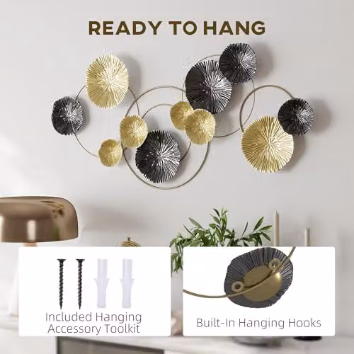 HOMCOM Modern Gold Metal Floral Hanging Wall Art with Abstract Leaf Design – 3