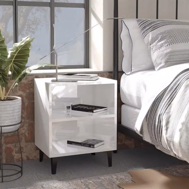 Berkfield Home Set of 2 High Gloss White Bedside Cabinets with Metal Legs, W/D/H: 40 x 30 x 50 cm