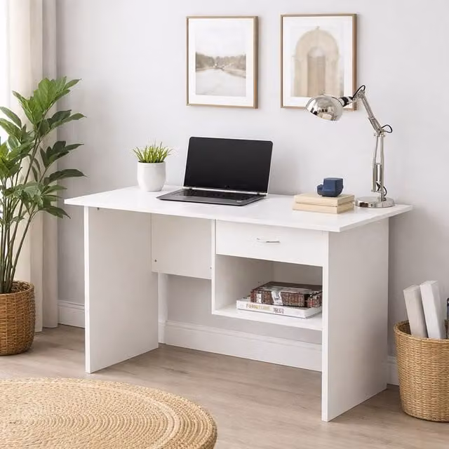 RayGar Wexford White Writing Desk with Drawer and Open Storage Space