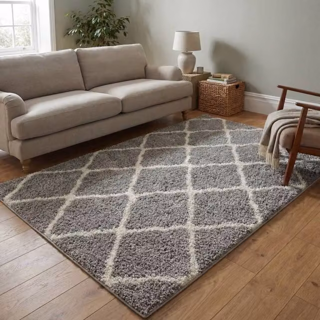 THE RUGS Moroccan Soft High Pile Shaggy Lattice Rug, Grey, W: 80 cm, L: 300 cm – 1