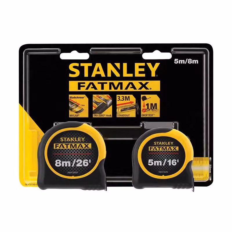 Stanley Fatmax Classic Tape Measure Twin Pack, Yellow and Multicolour, 5m/16ft and 8m/26ft – 3