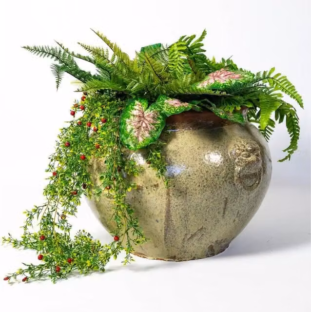 Primrose Handmade Round Ceramic Planter with Cream Watercolour Finish in Brown and Beige
