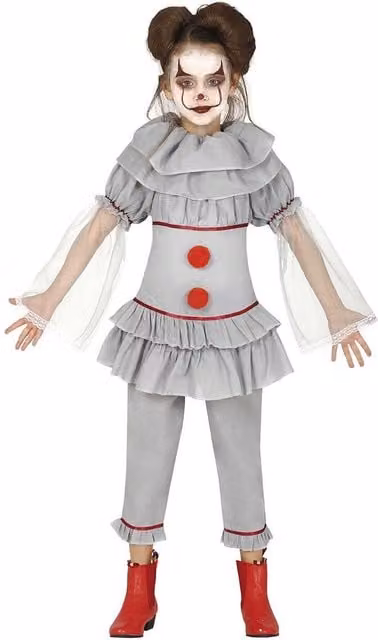Fiestas Guirca Girls Killer Clown Costume Set in White, Red, Multicolour and Grey, Age 5-6 Years