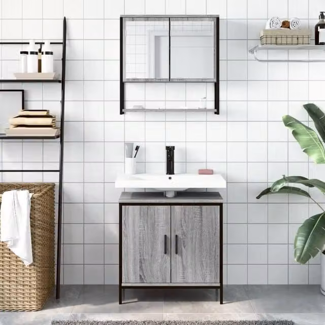 Berkfield Home 2 Piece Modern Grey Bathroom Furniture Set with Vanity Unit and Mirror Cabinet