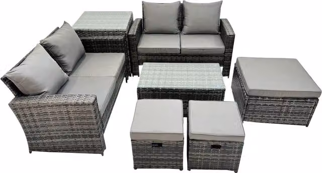 Fimous 7-Seater L-Shape PE Rattan Garden Sofa Set with Coffee Table and Ottomans in Dark Grey Mixed