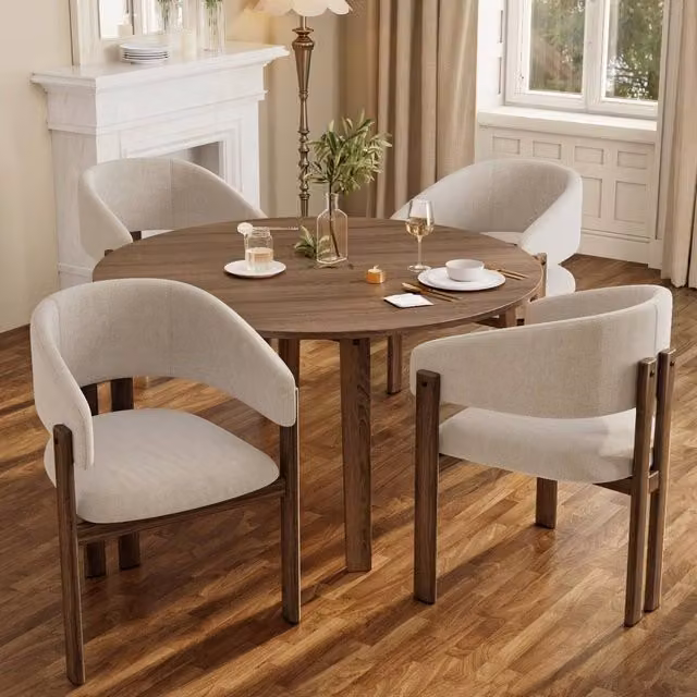 Rolipo Set of 4 Beige Linen Dining Chairs with Walnut Effect Metal Frame – 1