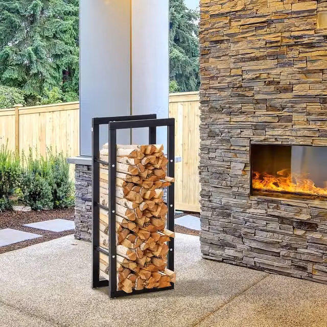 HOMCOM Metal Firewood Log Holder Rack with Elevated Tiered Base and Side Rails in Matt Black – 1