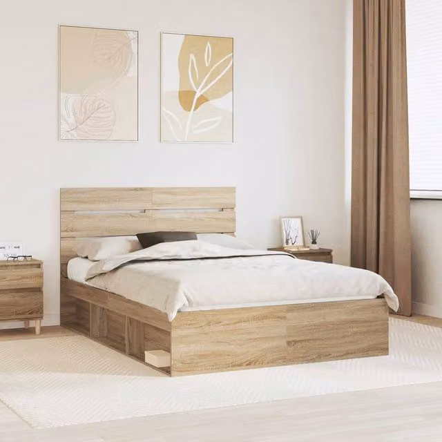 Berkfield Home Sonoma Bed Frame with Headboard in Brown Solid Pine Wood, W: 140 cm, L: 190 cm