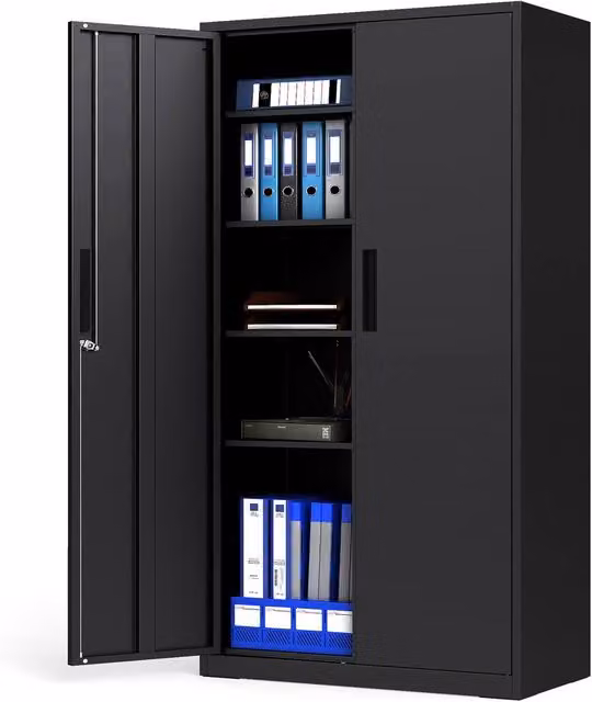 Gymax Lockable 2-Door Steel Tool Cabinet and Pantry in Black, W/D/H: 90 x 45 x 180 cm – 1