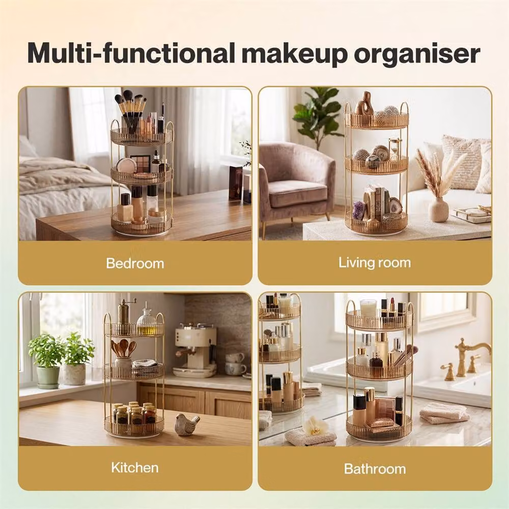 KORVIXA Rotating 3-Tier Round Cosmetic Storage Box in Gold – 2