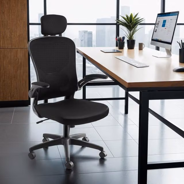 Tectake Arges Ergonomic Office Chair with Headrest and Armrests, Black Fabric