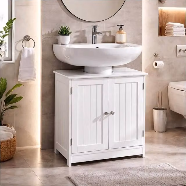 SAXONY Modern Freestanding Under Sink Bathroom Storage Cabinet in White