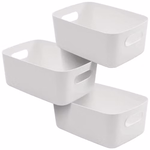 SA Products Set of 3 Stackable Plastic Storage Boxes with Handles in White and Grey