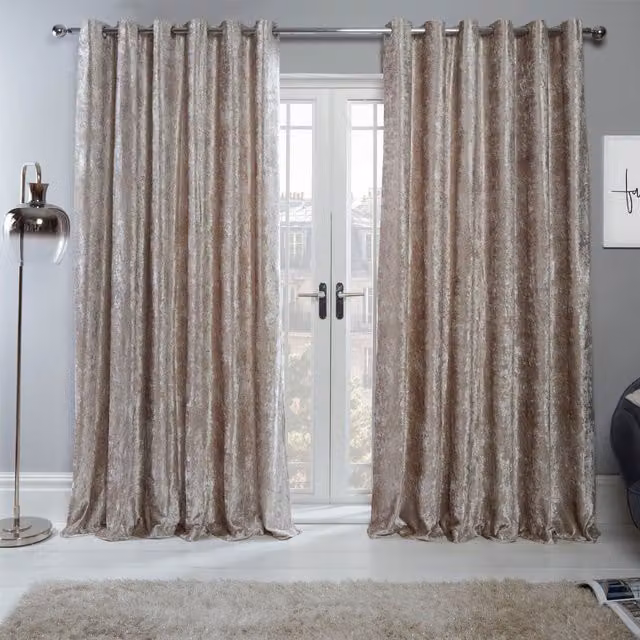 OHS Ready Made Eyelet Crushed Velvet Curtains in Sand, Width: 167 cm, Drop: 228 cm