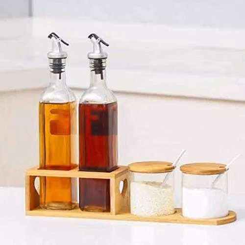 JINGYAN Transparent Glass and Wood Spice Shaker and Seasoning Set with Oil and Vinegar Bottles and Stand