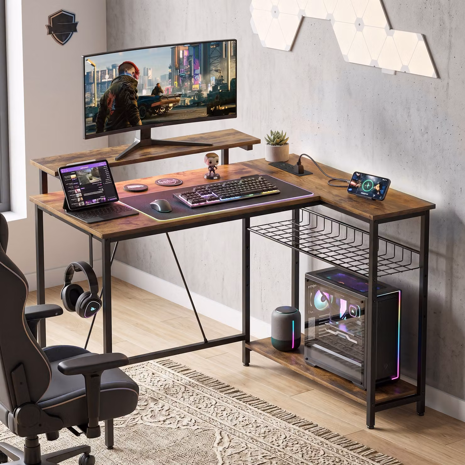HOMCOM Reversible L-Shaped LED Gaming and Home Office Desk in Rustic Brown – 4