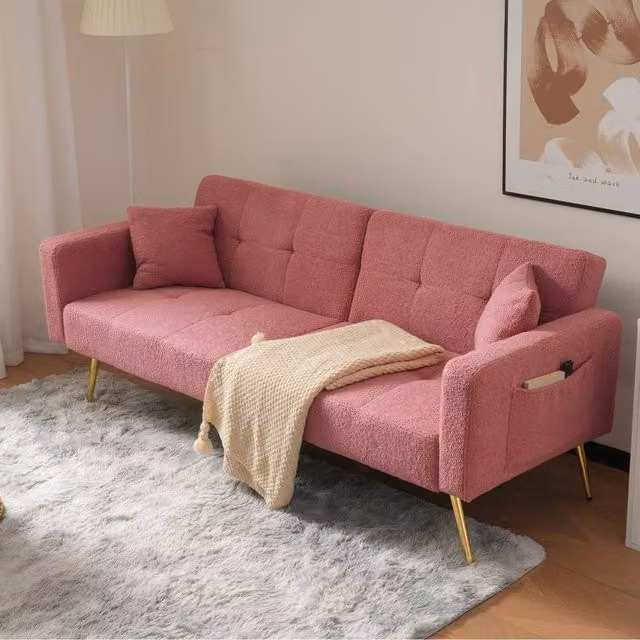 STILVORA Pink Sherpa Click-Clack Sofa Bed with Solid Wood Frame – 1
