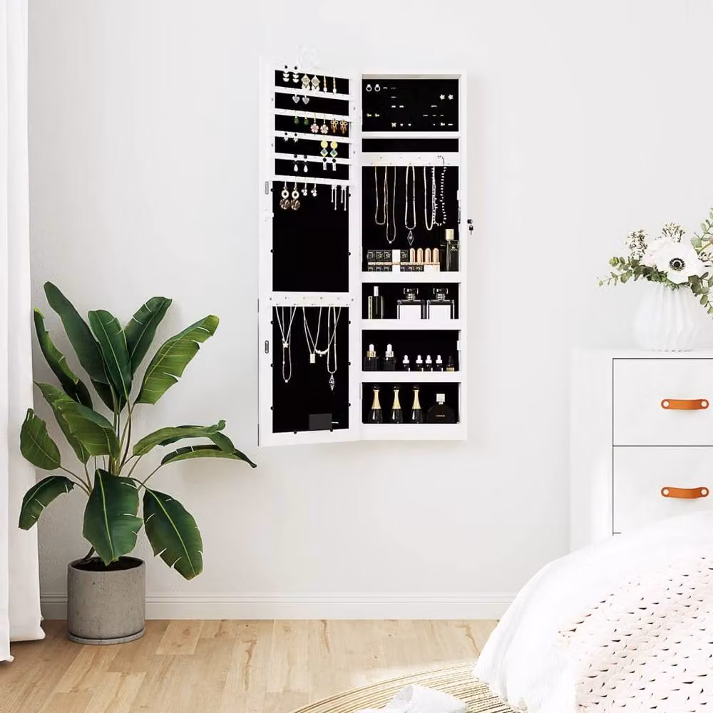 Berkfield Home Mirror Jewellery Cabinet with LED Lights, Wall Mounted, White – 2