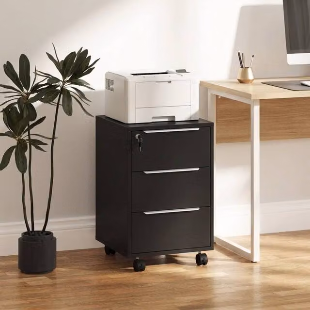STILVORA Black Three-Drawer Filing Cabinet with Lock and Castors, W/D/H: 40 x 40 x 63.5 cm – 1