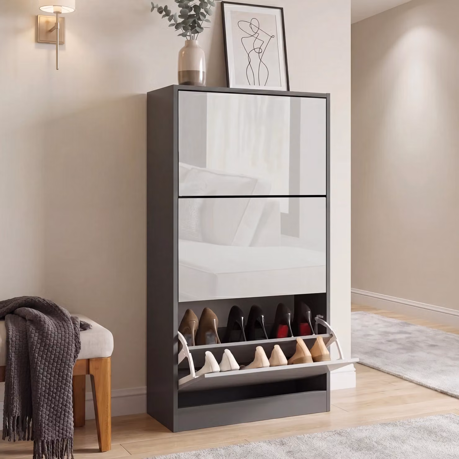 High Gloss 3 Door Slim Shoe Cabinet in Dark Grey and Silver Grey with Push to Open Compartments