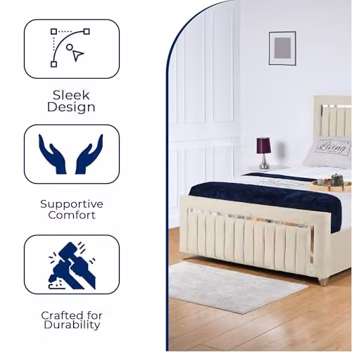 Living Comfort Bedz Zurich Plush Velvet Bed in Cream with Silver Trim and Vertical Lined Headboard and Footboard, 6FT Super King, W/D/H: 200 x 190 x 122 cm – 3