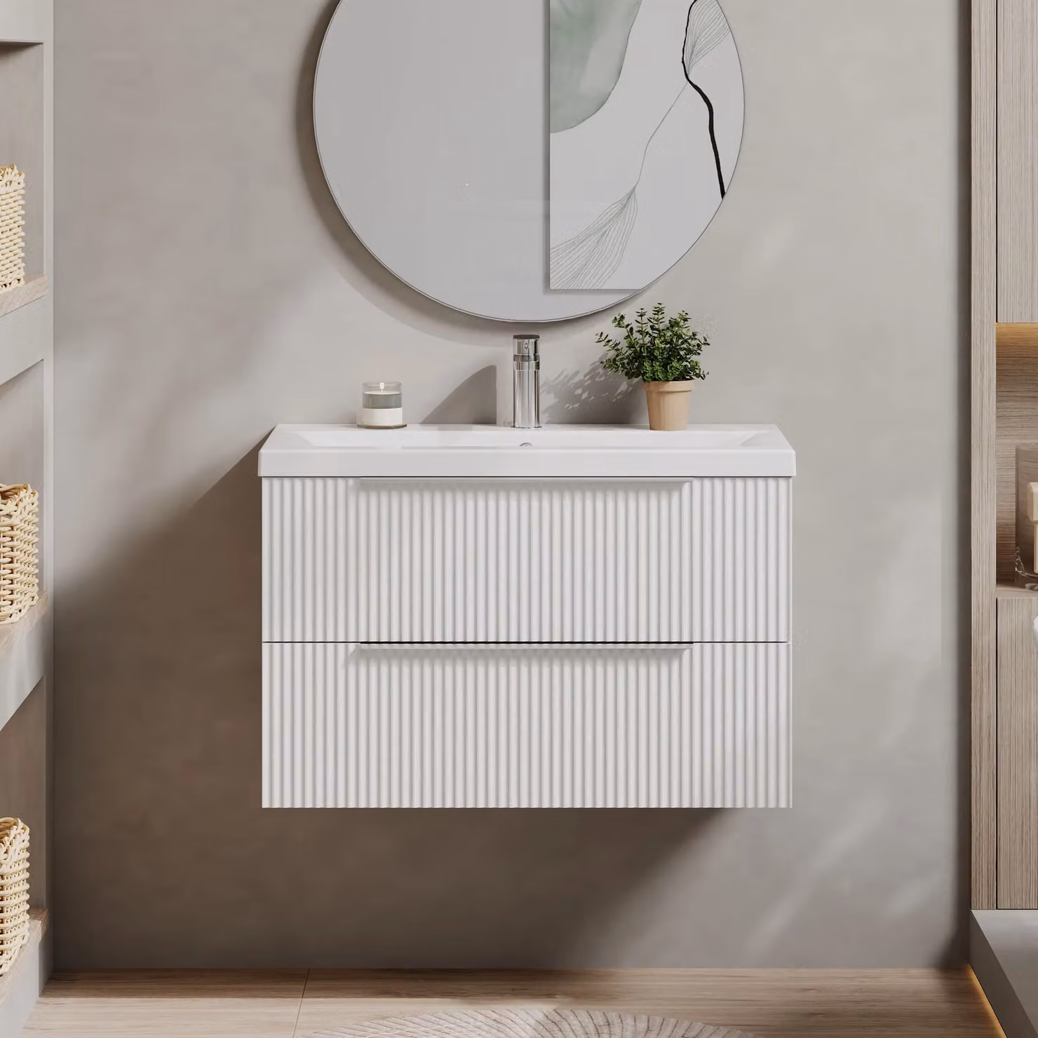 Balterley Fluted Wall Hung 2 Drawer Vanity Basin Unit and Basin, Satin White, Width: 80 cm – 2