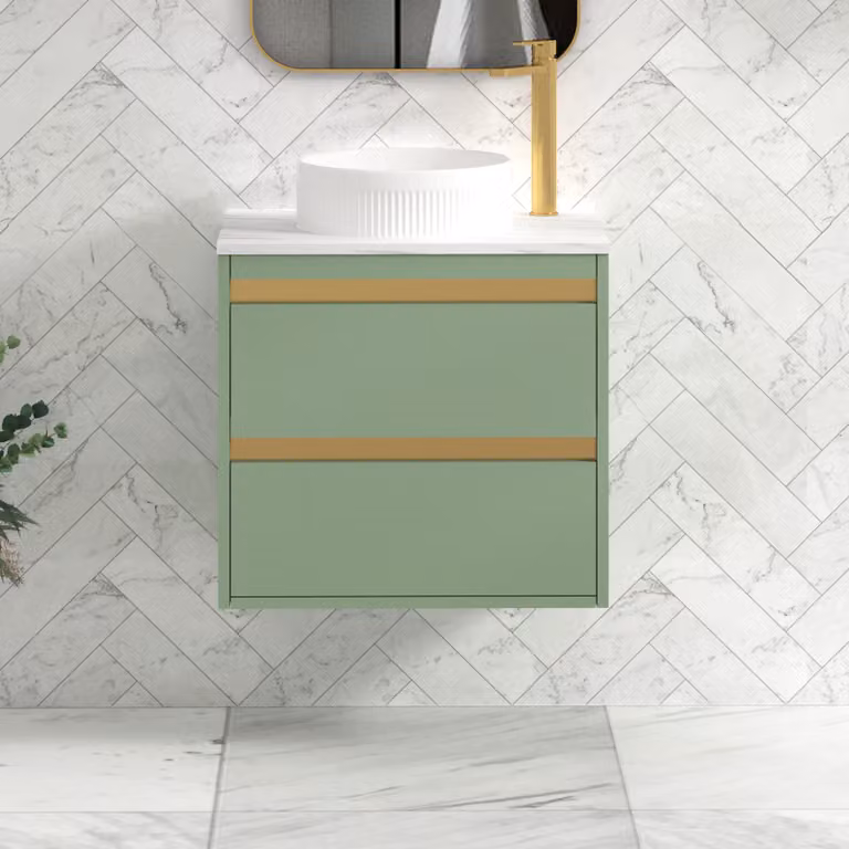 Royal Bathrooms Orion 800mm Mint Sage Wall Hung Countertop Vanity Unit with 2 Drawers, Round Basin and Brushed Brass Accent Trim