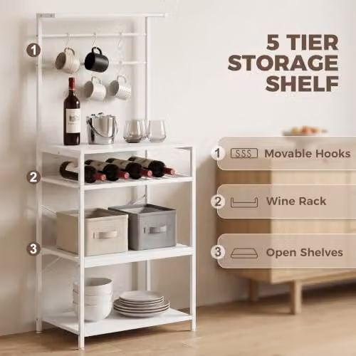 HOMCOM Industrial Freestanding 5-Tier Storage Shelf with Wine Rack and 6 Hooks, White, W/D/H: 59 x 40 x 143.5 cm – 3