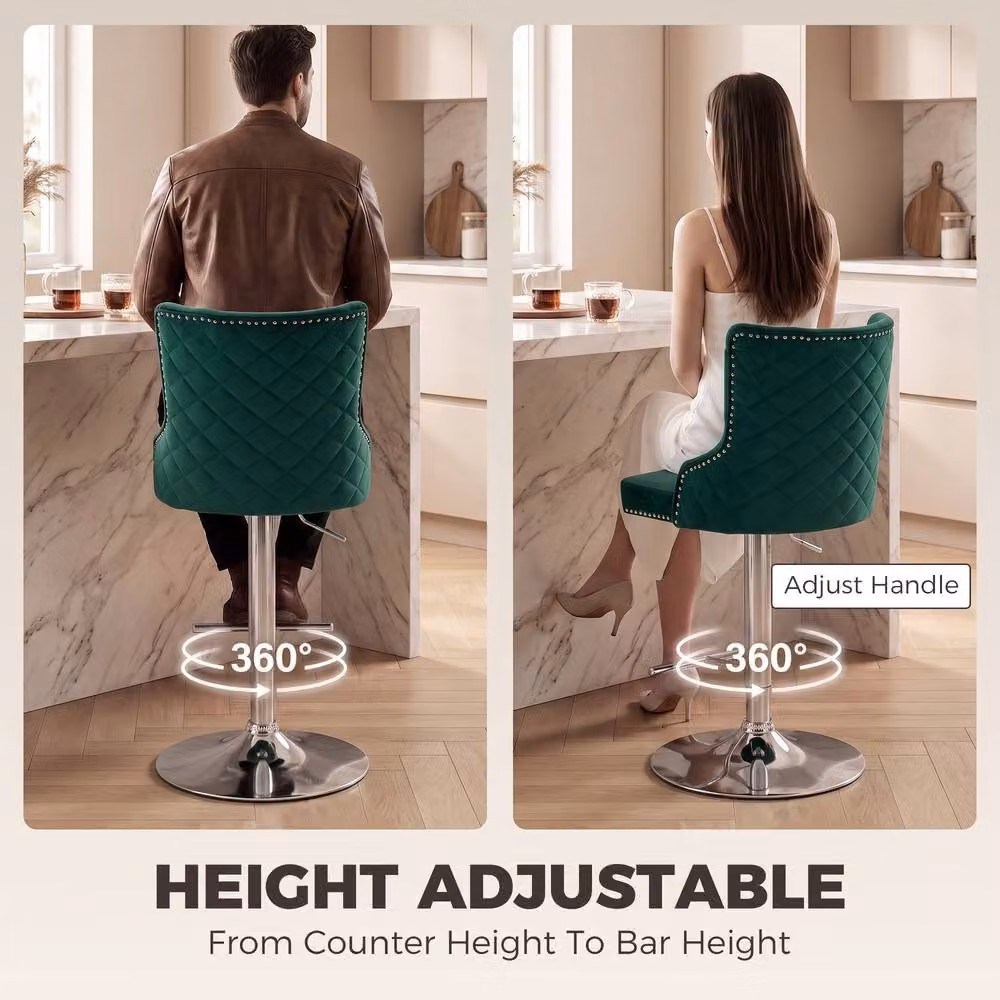 HOMCOM Set of 2 Swivel Velvet Bar Stools with Footrest in Dark Green – 5