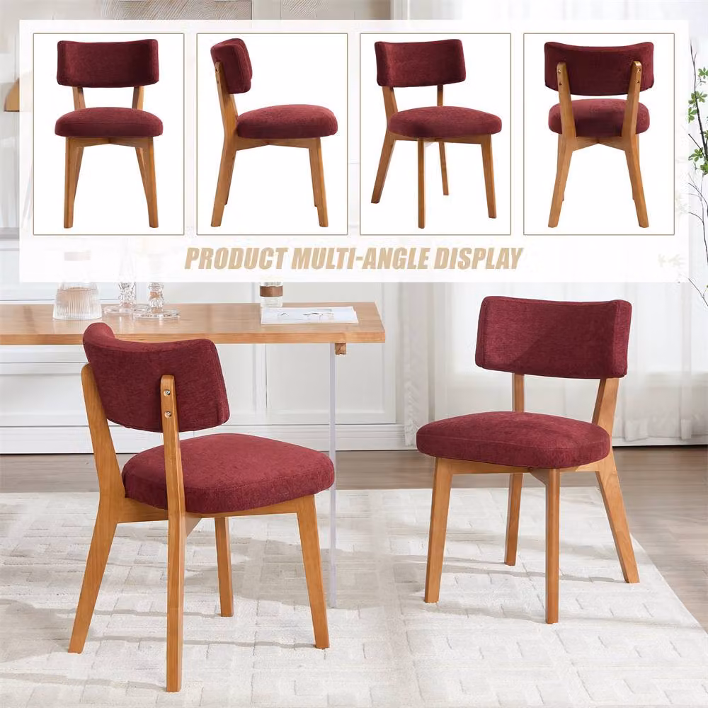 Direct Wicker Set of 2 Mid-Century Linen Dining Chairs with Solid Wood Frame in Wine Red – 6