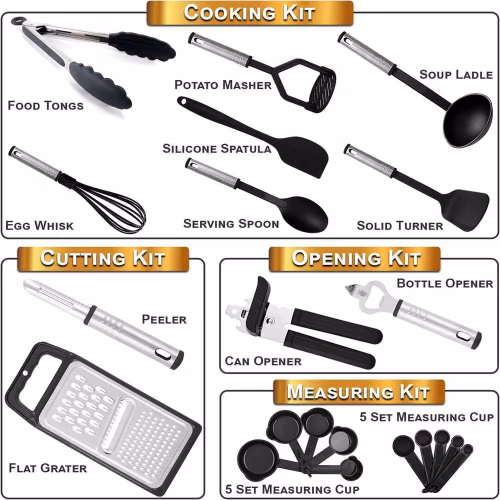 ATEK Black Stainless Steel and Silicone Nonstick Heat Resistant Kitchen Utensils Set – 3