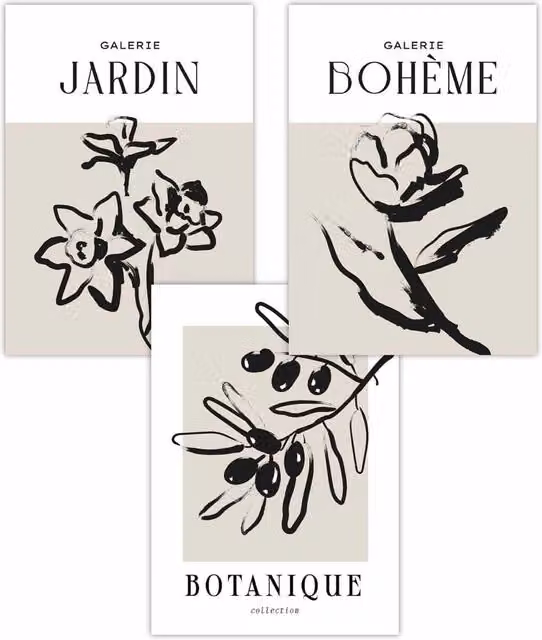 ARTZE Set of 3 Minimalist Sketch Leaves and Flowers Botanical Art Posters in Beige and Black, W: 42 cm, H: 59 cm