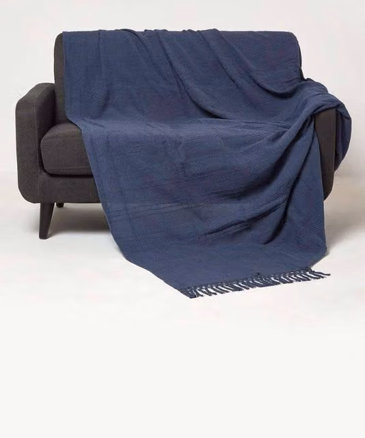 Homescapes Kashi Woven Cotton Throw with Fringes in Blue, W/D/H: 225 x 255 cm – 1