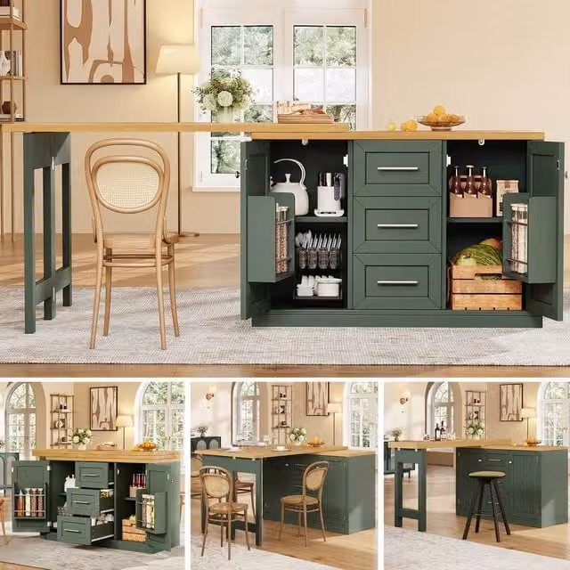 Rolipo Extendable Dining Table and Space Saving Kitchen Island in Dark Green – 1
