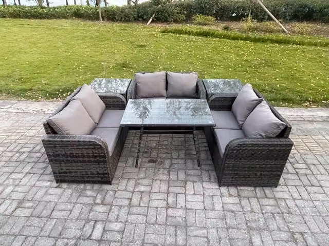 Fimous 6 Seater Rattan Garden Furniture Set with Rectangular Dining Table and 2 Side Tables in Dark Grey